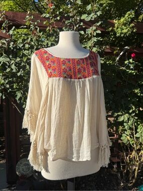 lovestitch Cream Boho Tunic with Multicolor Embroidered Yoke